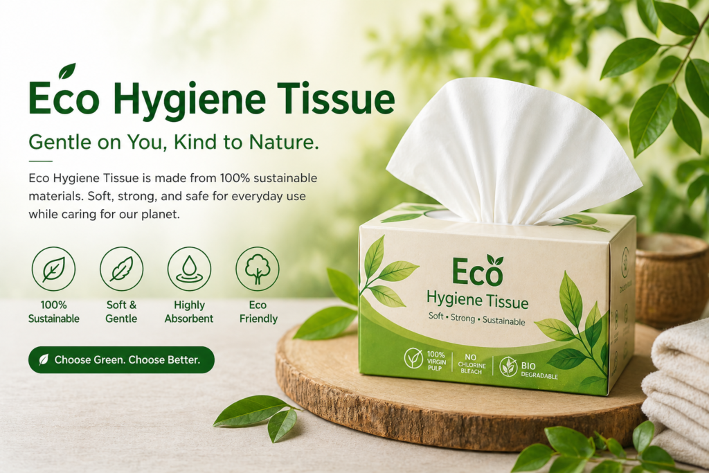 Eco Hygiene Tissue box with soft sustainable tissues in a fresh green natural setting for clean and eco-friendly home hygiene.